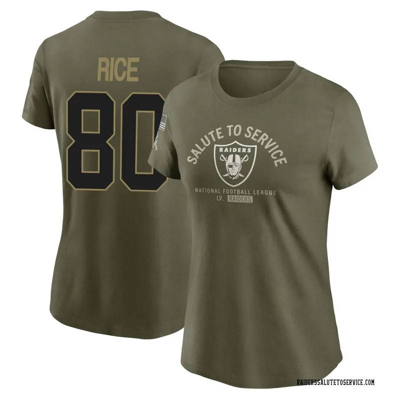 Women's Jerry Rice Las Vegas Raiders Olive 2025 Salute to Service Sideline T-Shirt