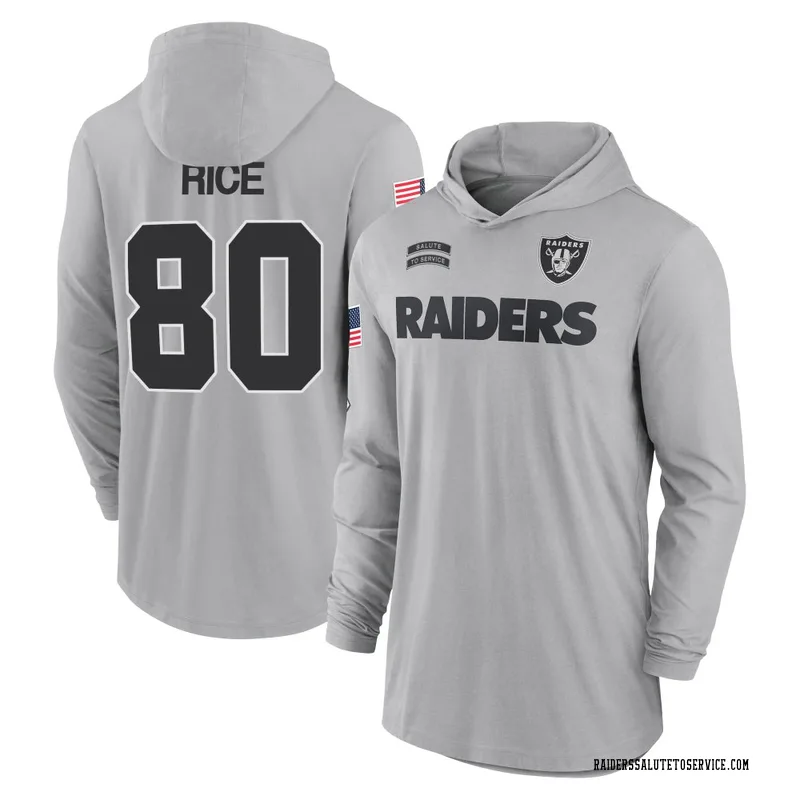 Youth Jerry Rice Las Vegas Raiders Gray 2024 Salute to Service Lightweight Performance Long Sleeve Hooded T-Shirt