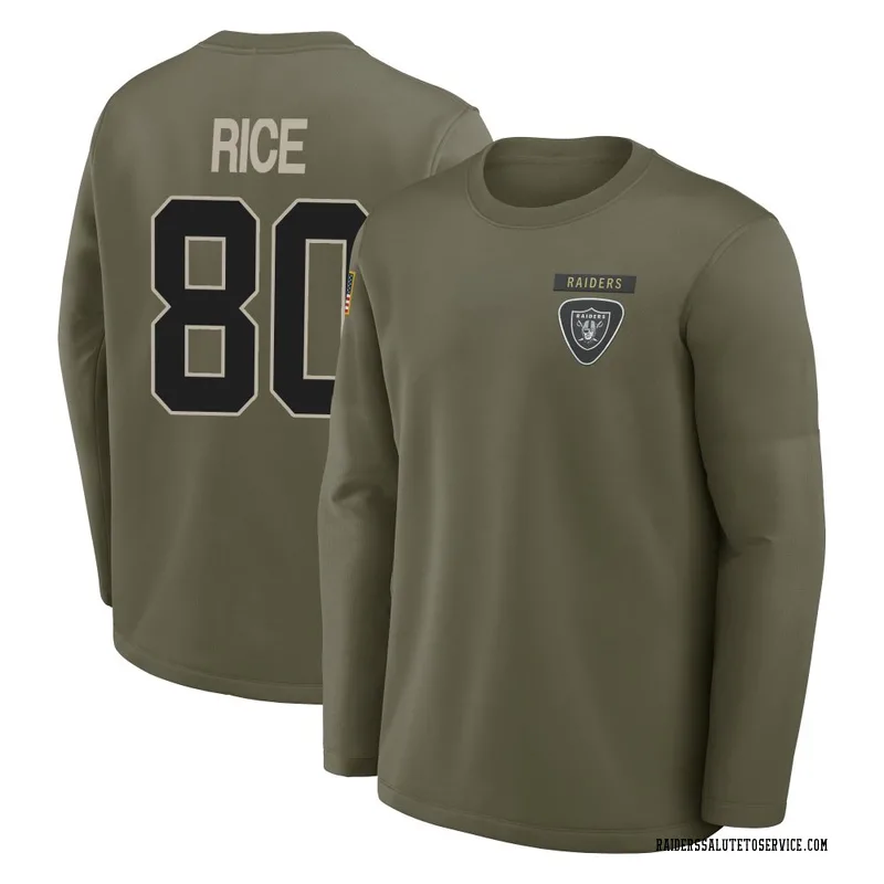 Youth Jerry Rice Las Vegas Raiders Olive 2025 Salute to Service Sideline Coaches Long Sleeve T-Shirt